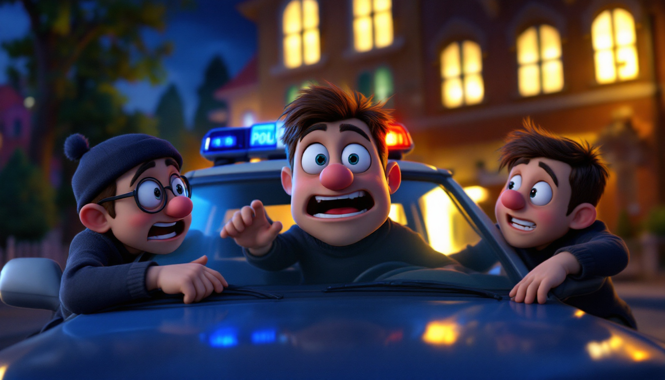 A comical scene of three bumbling thieves, Max, Felix, and Leo, accidentally entering a police car, with surprised expressions on their faces. The police station in the background at night, highlighting a blend of humor and suspense.
